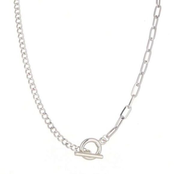 925 Sterling Silver Mixed Link Toggle Chain Necklace - Picture 1 of 5